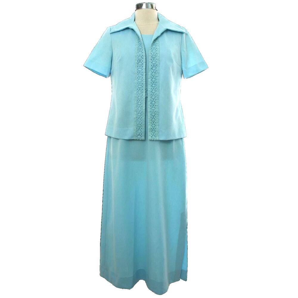 Vintage 70s Henry Lee Women's Medium Blue Maxi Dress Jacket Set Lace Trim